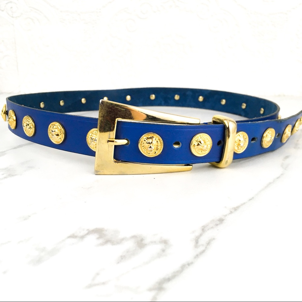 Vintage Blue Leather Belt with Gold Medallion Accents, Italy